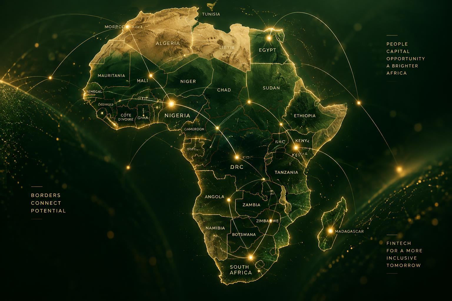Illustrated map of Africa in golden sand and dark green with connected markets